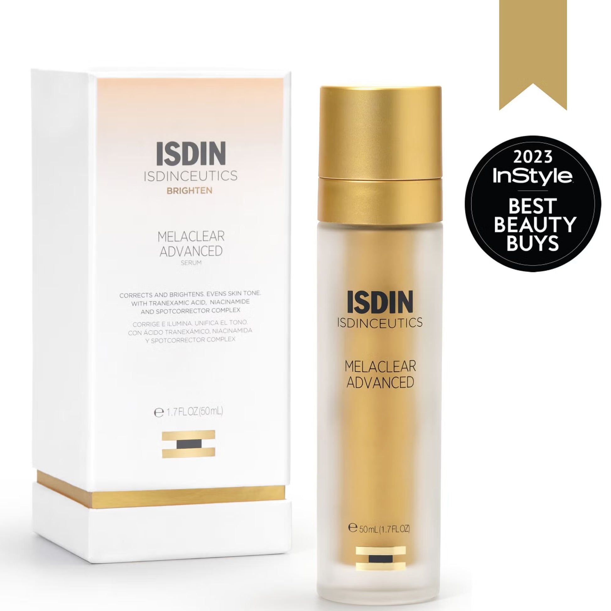 Isdin Melaclear Advanced skincare bottle and packaging on a white background with '2023 InStyle Best Beauty Buys' badge.