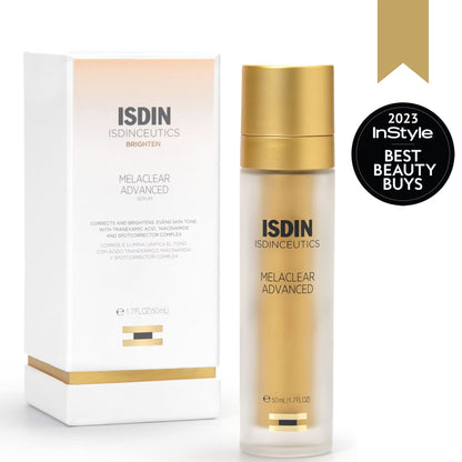 Isdin Melaclear Advanced skincare bottle and packaging on a white background with '2023 InStyle Best Beauty Buys' badge.