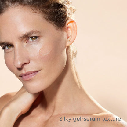 Woman with a smooth neck and shoulders, showcasing a silky gel-serum texture.