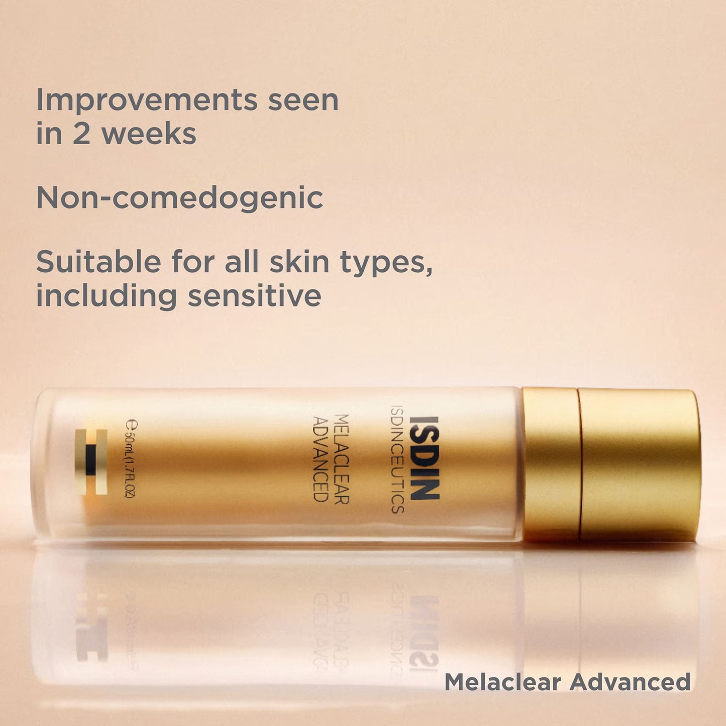 ISDIN Melaclear Advanced skincare bottle on a beige background with text about product benefits.