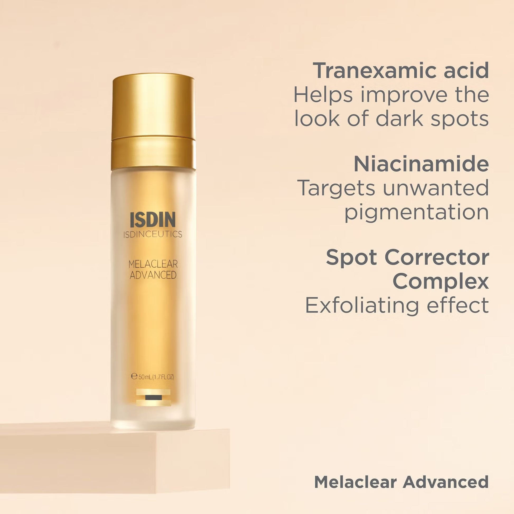 ISDIN Melaclear Advanced skincare bottle with product features on a beige background