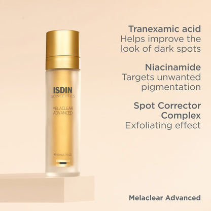ISDIN Melaclear Advanced skincare bottle with product features on a beige background