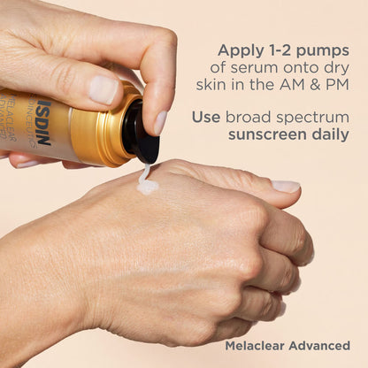 Hand applying serum from a bottle labeled 'ISDIN' onto another hand with text on skincare routine.