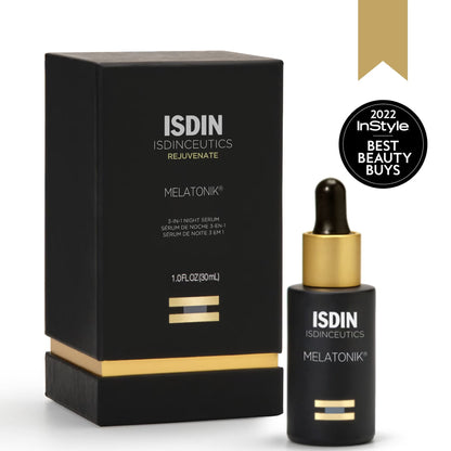 ISDIN Melatonik serum bottle and packaging on a white background with '2022 InStyle Best Beauty Buys' badge.