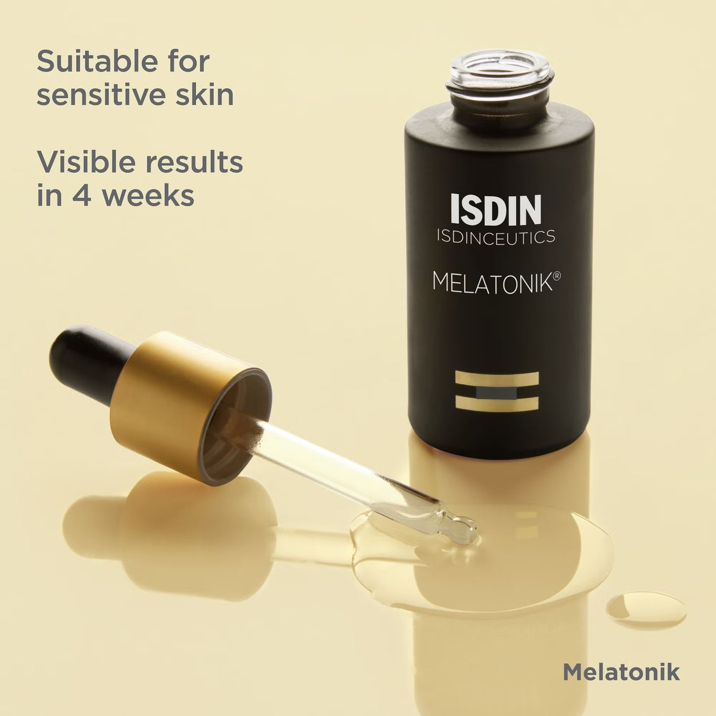 ISDIN skincare product with dropper on a beige background
