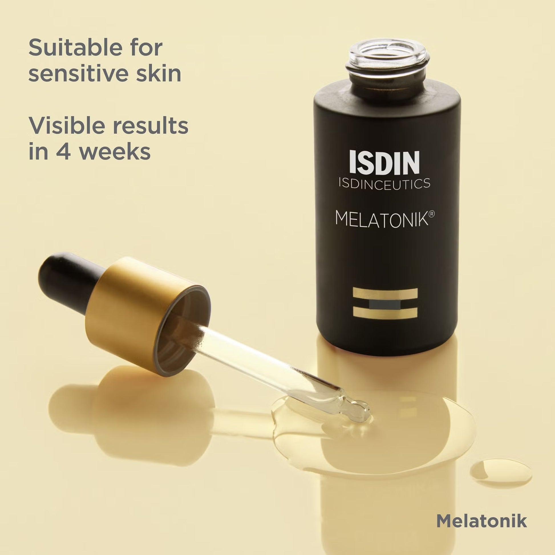 ISDIN skincare product with dropper on a beige background