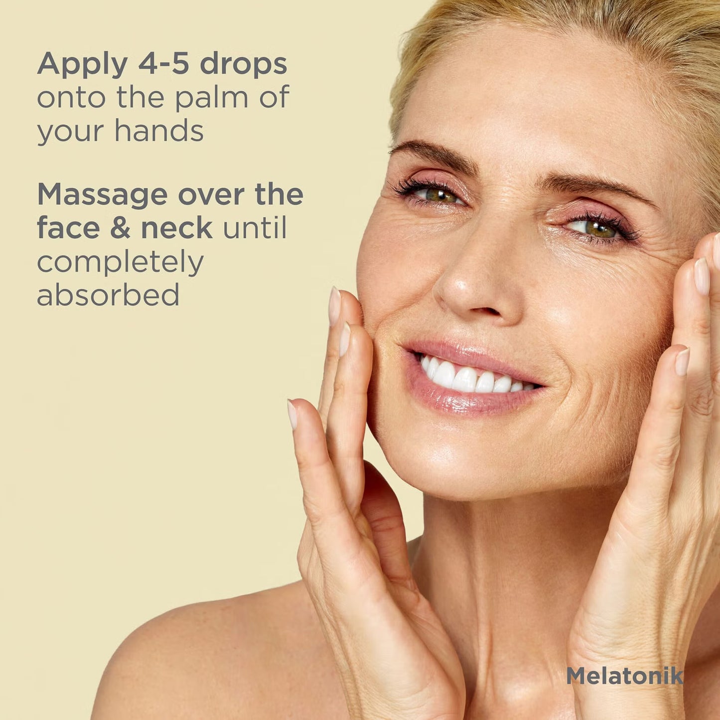 Woman applying skincare product with text on a beige background