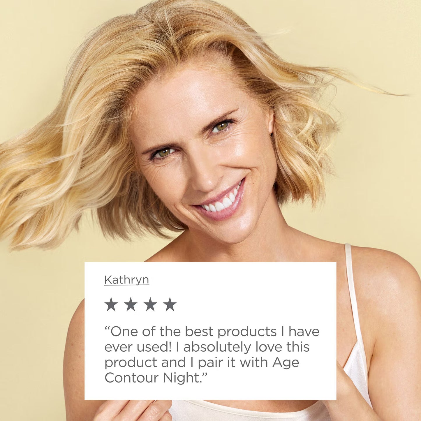 Woman with blonde hair and a white tank top on a yellow background, with a five-star review overlay.