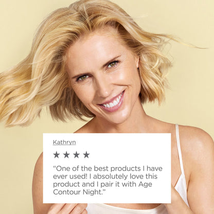 Woman with blonde hair and a white tank top on a yellow background, with a five-star review overlay.