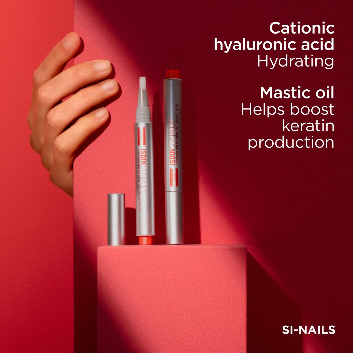 SI-NAILS nail care products with a hand holding a red box on a red background