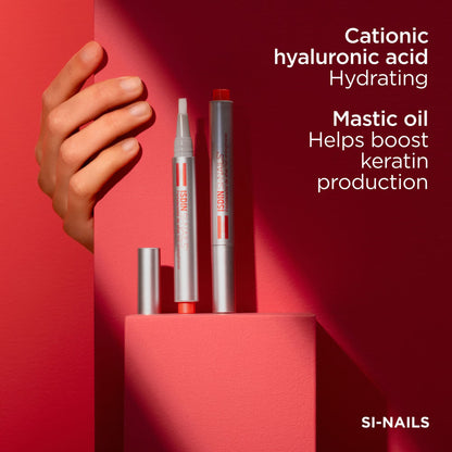 SI-NAILS nail care products with a hand holding a red box on a red background