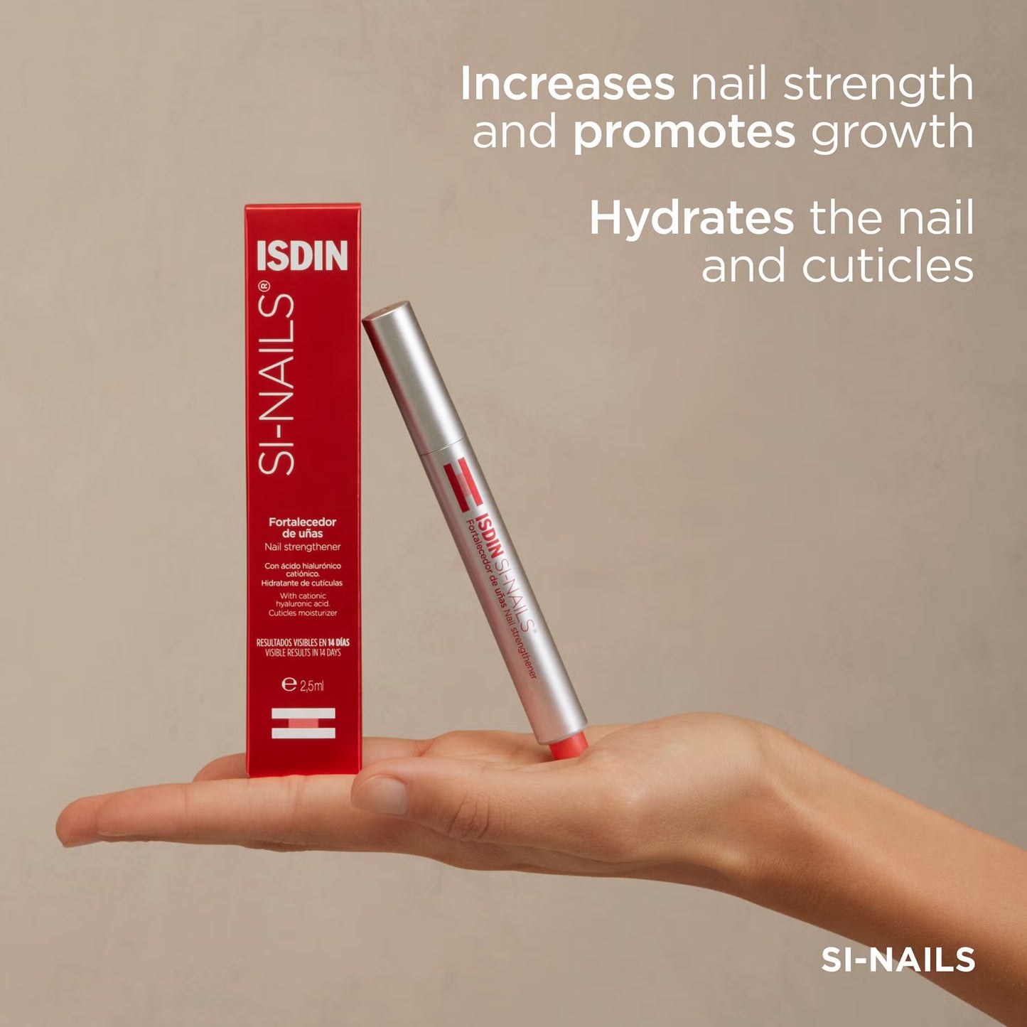 ISDIN SI-NAILS nail strengthener on a beige background