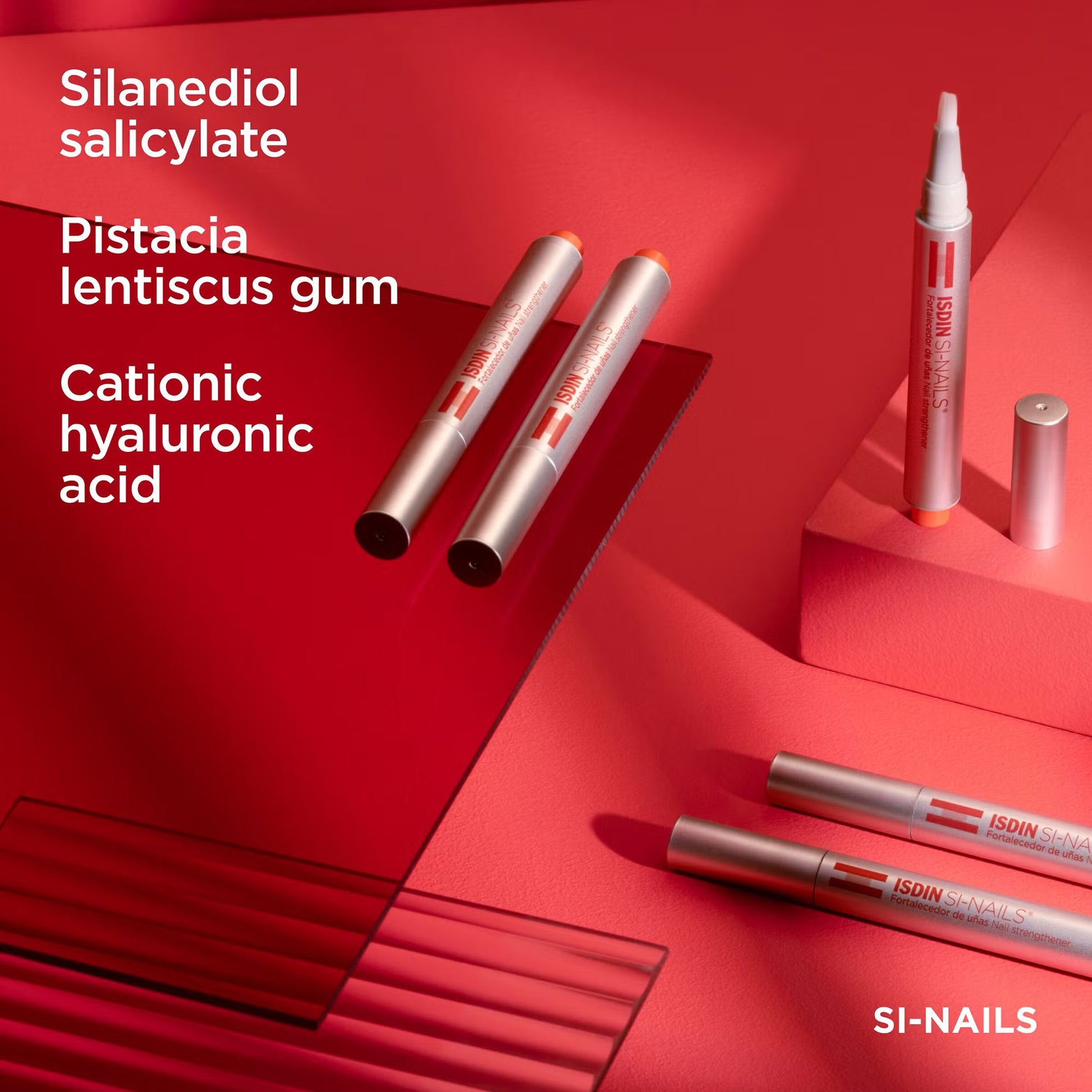 SI-NAILS products on a red background with product names listed.