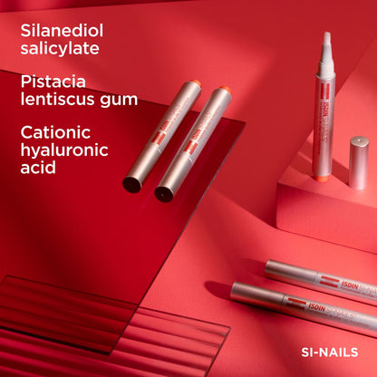 SI-NAILS products on a red background with product names listed.
