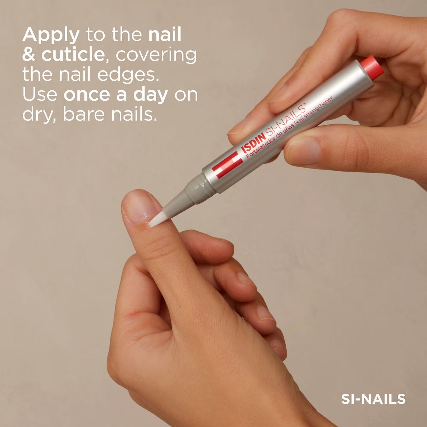 Hand applying a nail treatment product with text on a beige background