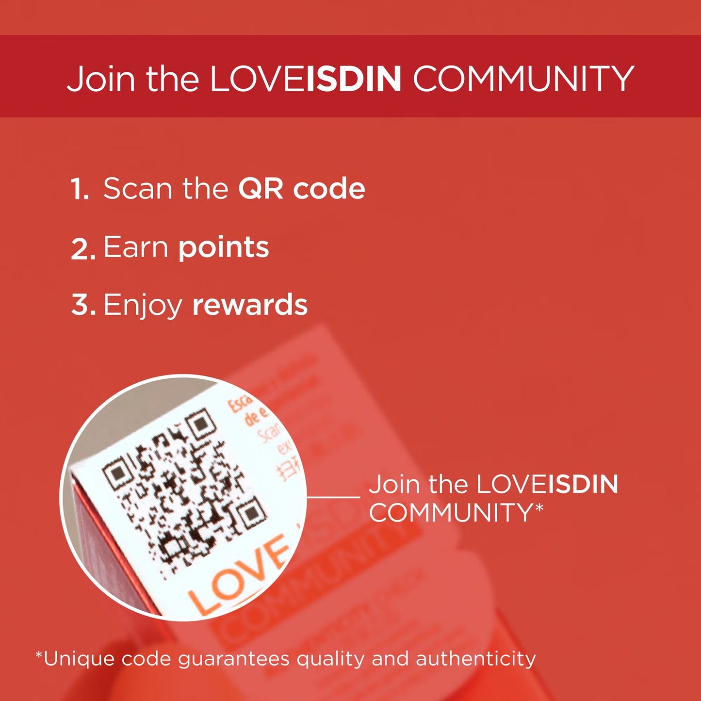 Promotional graphic for JOIN the LOVEISDIN COMMUNITY with QR code and text on a red background