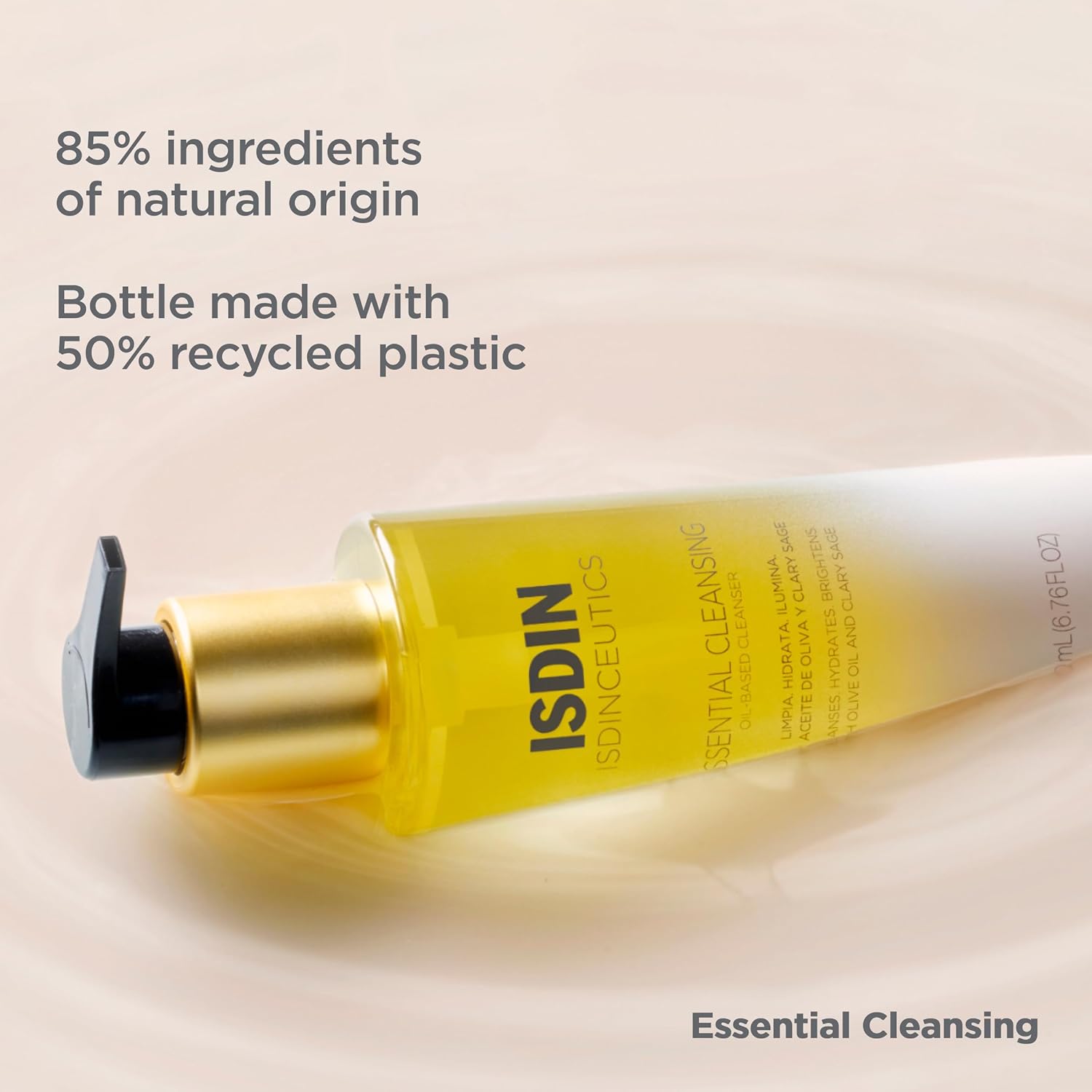 ISDIN skincare bottle with eco-friendly text on a beige background