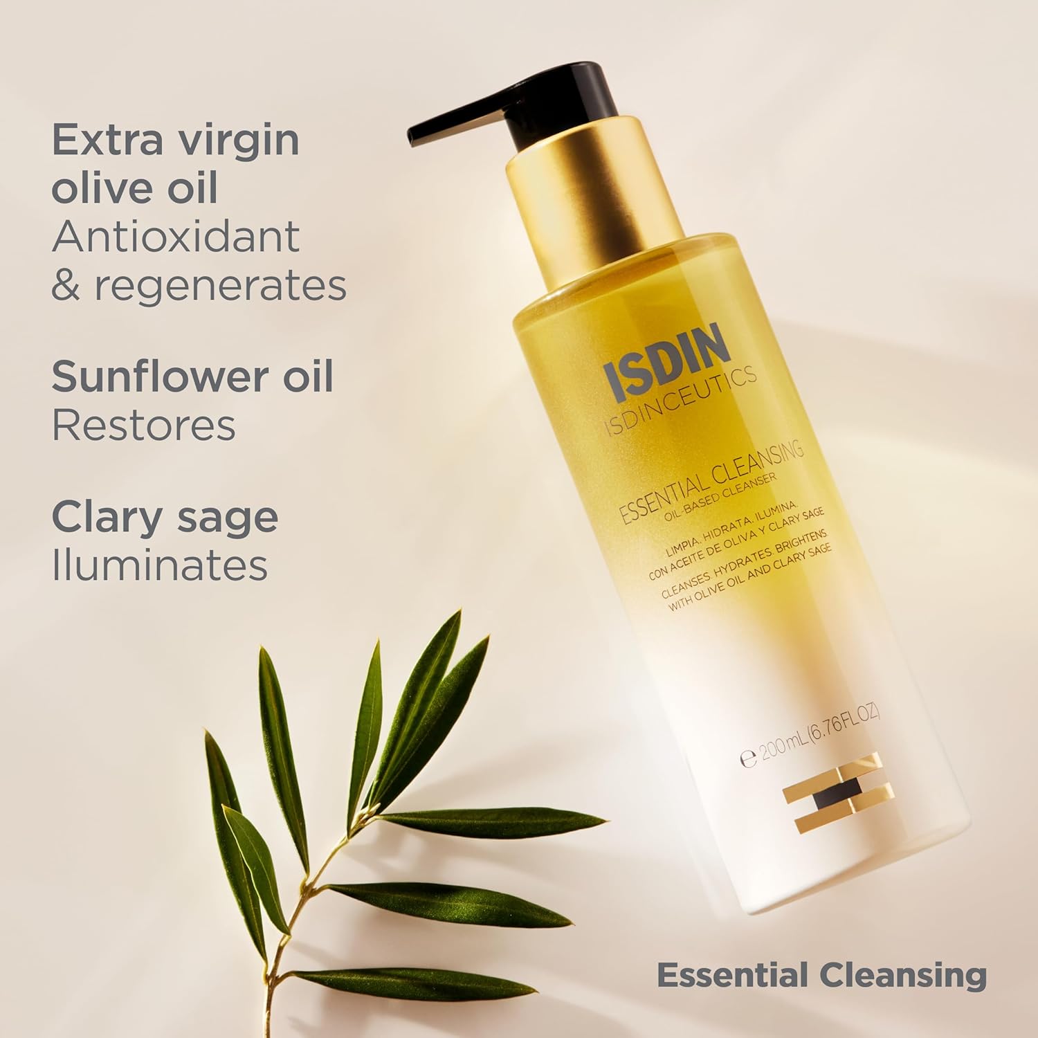 ISDIN skincare product with olive leaf on a beige background