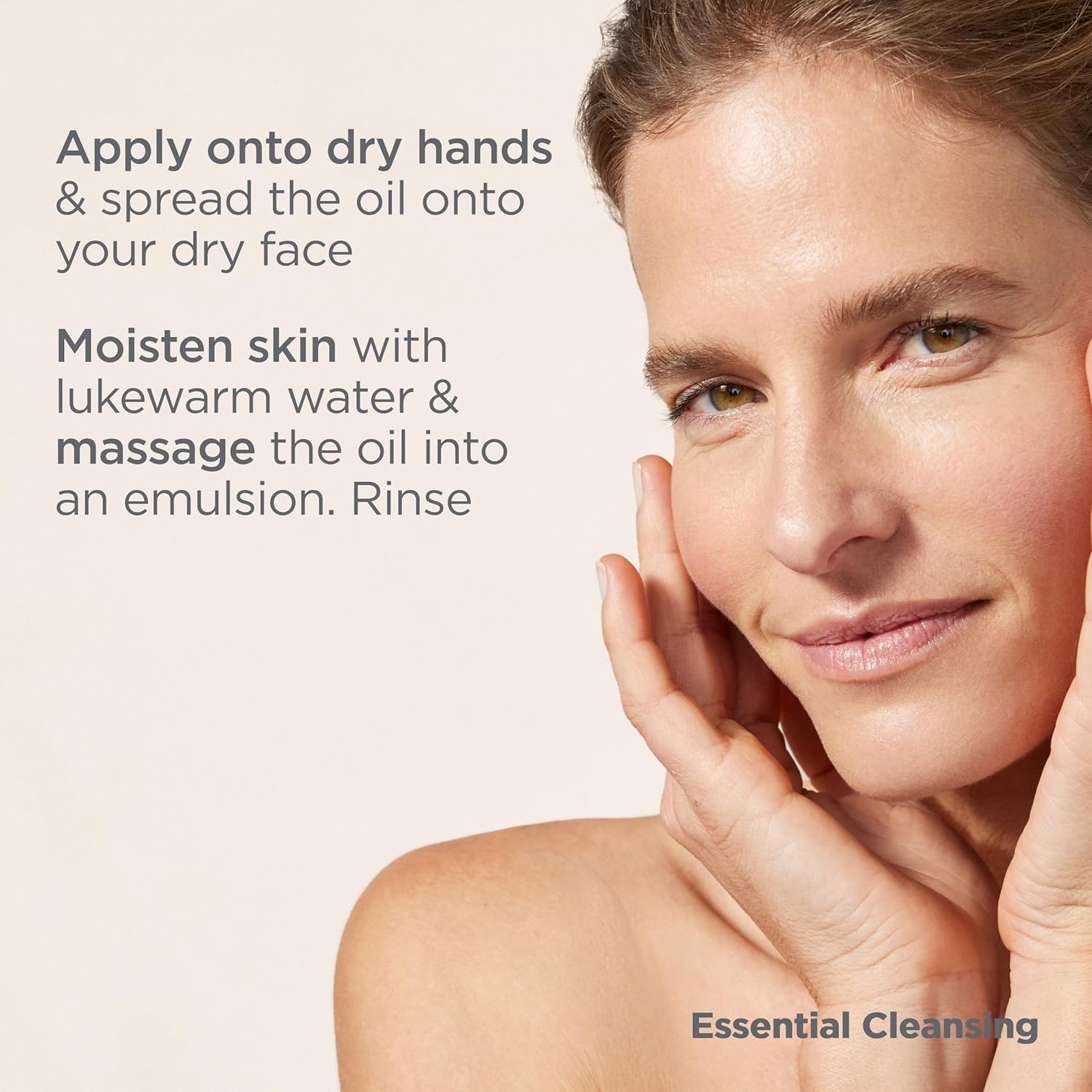 Woman applying oil to her face with text on skincare instructions.