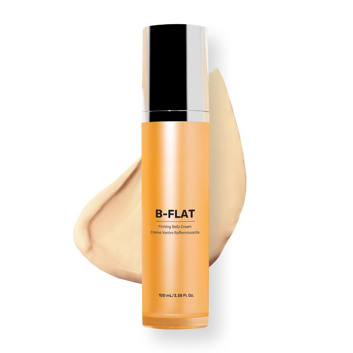 B-FLAT firming body cream bottle with a beige color swatch on a white background