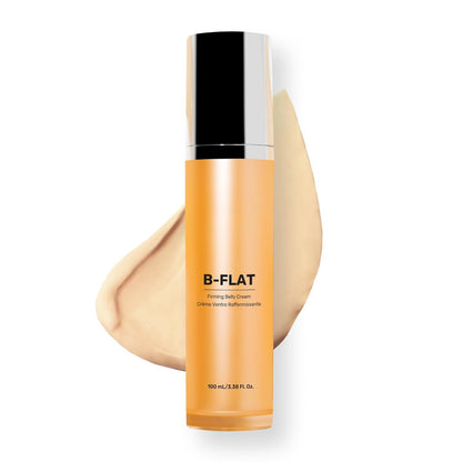 B-FLAT firming body cream bottle with a beige color swatch on a white background