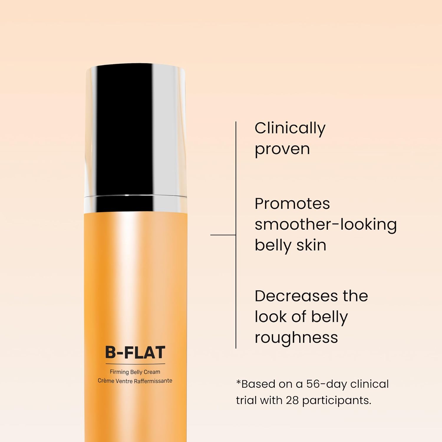 B-FLAT firming belly cream bottle with text on a beige background