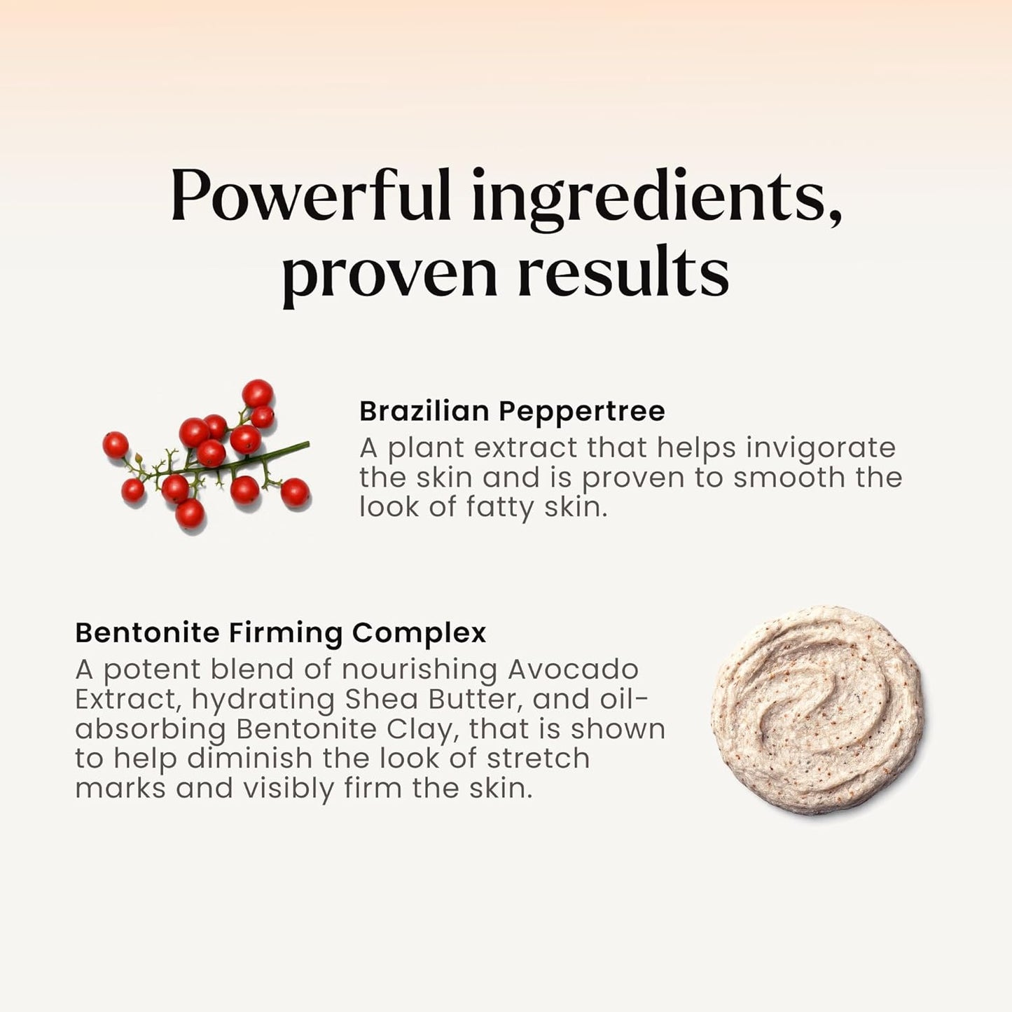 Product description with ingredients and benefits on a gradient background
