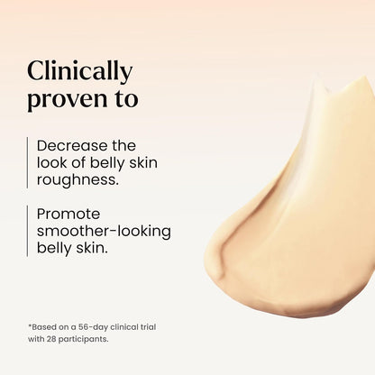Product smear with text about belly skin roughness reduction and smoother skin promotion.