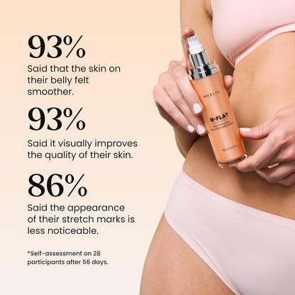 Person holding a skincare product with text about skin improvement on a beige background