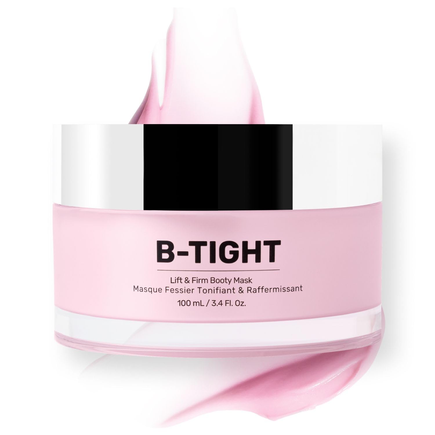 Pink and white jar of B-Tight body mask on a white background
