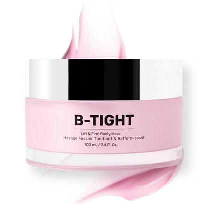 Pink and white jar of B-Tight body mask on a white background