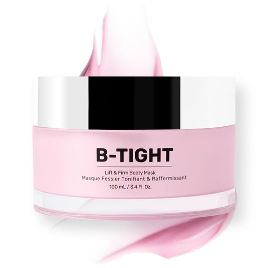 Pink and white jar of B-Tight body mask on a white background