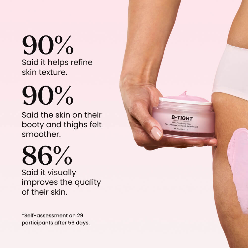 Person holding a pink jar of B-Tight cream with text on skin texture improvement.