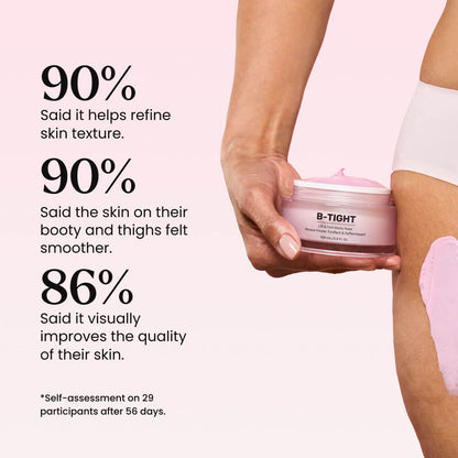 Person holding a pink jar of B-Tight cream with text on skin texture improvement.