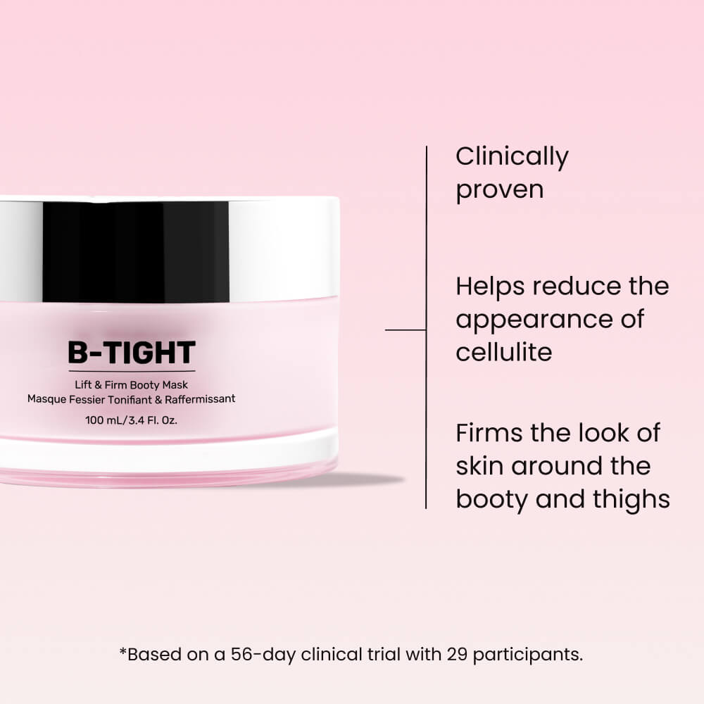 B-Tight lift and firm body mask packaging on a pink background with text about its benefits.
