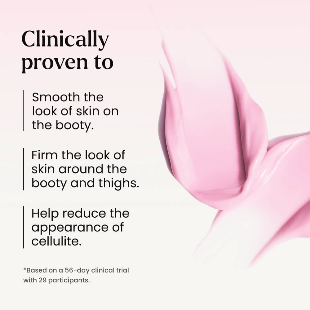 Pink skincare product with text claiming clinical benefits on a white background
