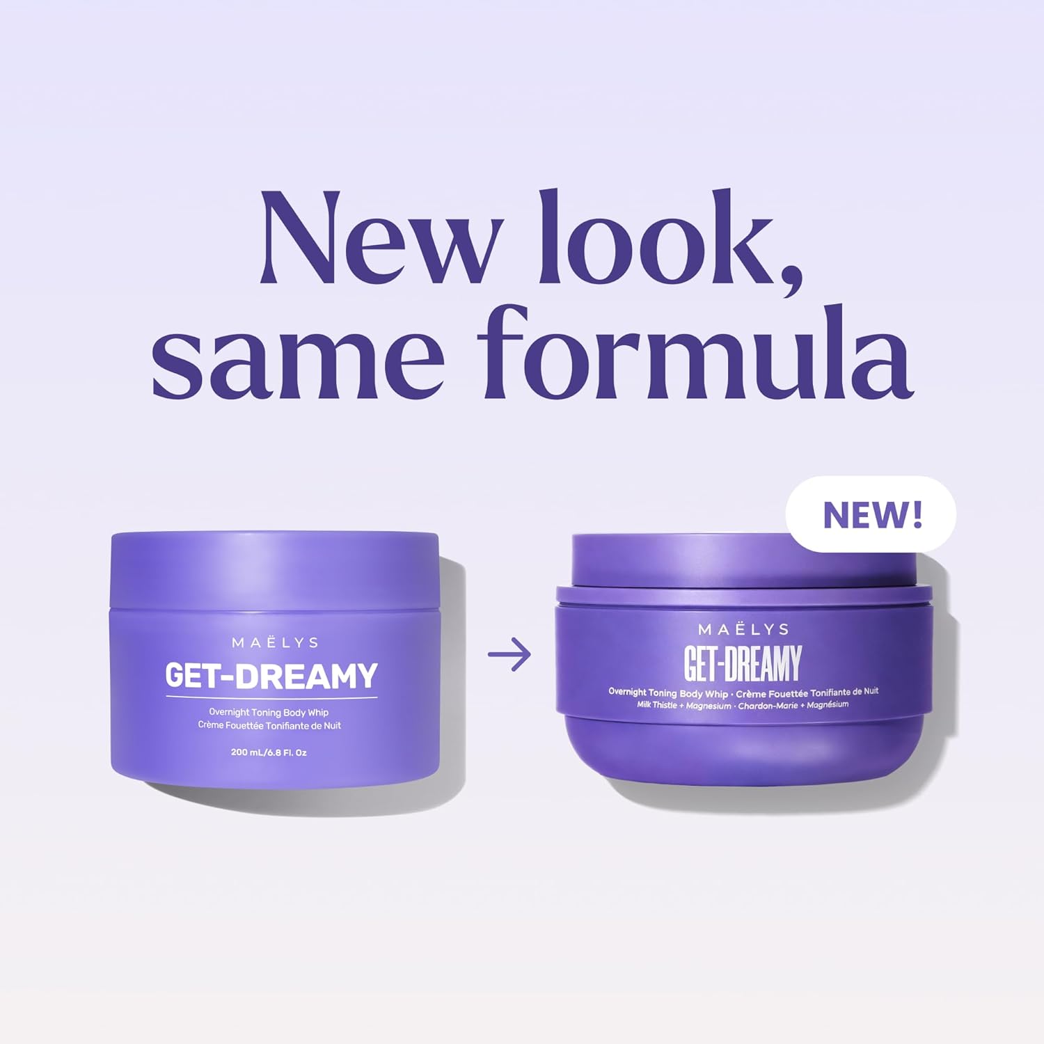 Two purple hair product jars with 'MAELYS GET-DREAMY' text on a light purple background, featuring the text 'New look, same formula'.