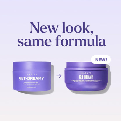Two purple hair product jars with 'MAELYS GET-DREAMY' text on a light purple background, featuring the text 'New look, same formula'.