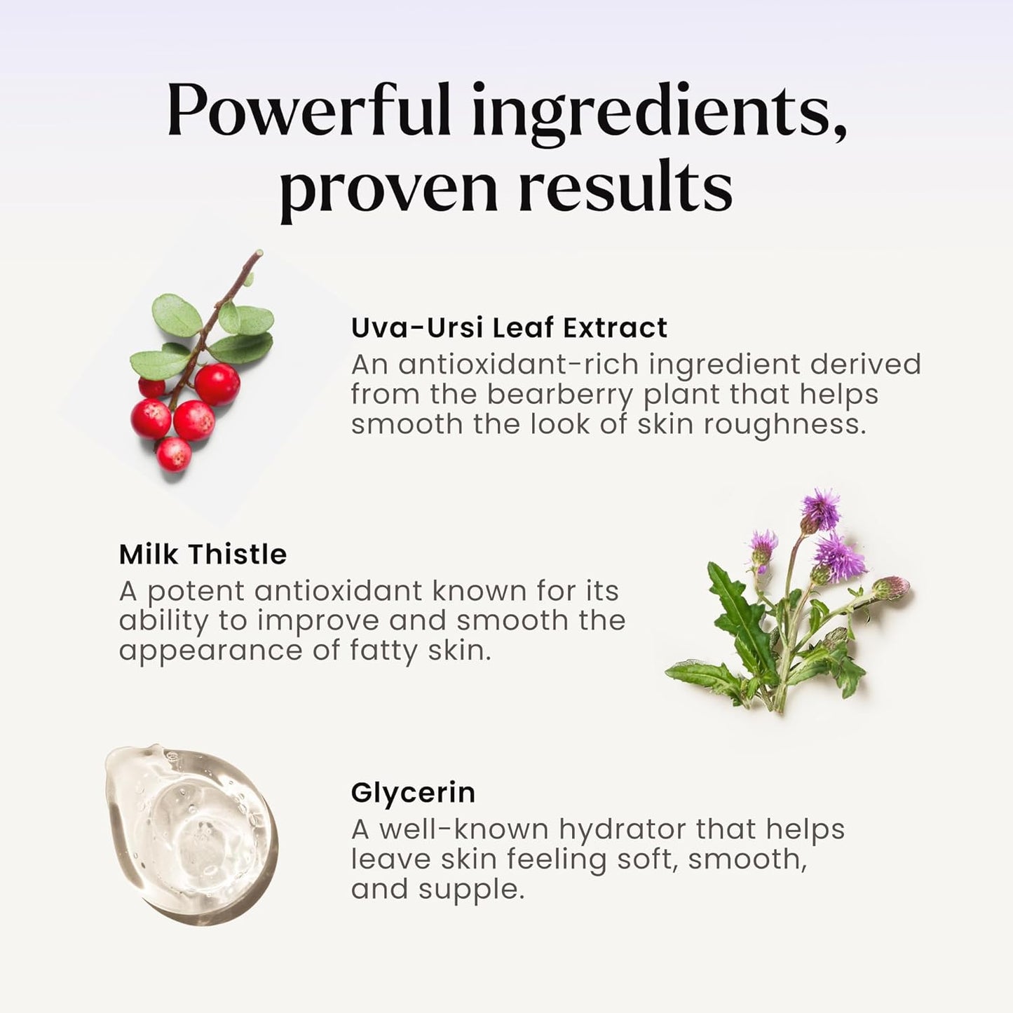 Product ingredients with Uva-Ursi Leaf Extract, Milk Thistle, and Glycerin on a light purple background.