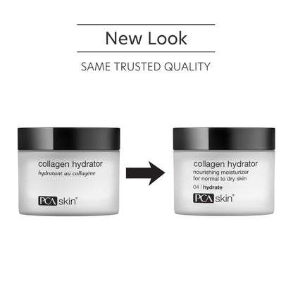 Two containers of PCA Skin collagen hydrator with a new look comparison on a white background.