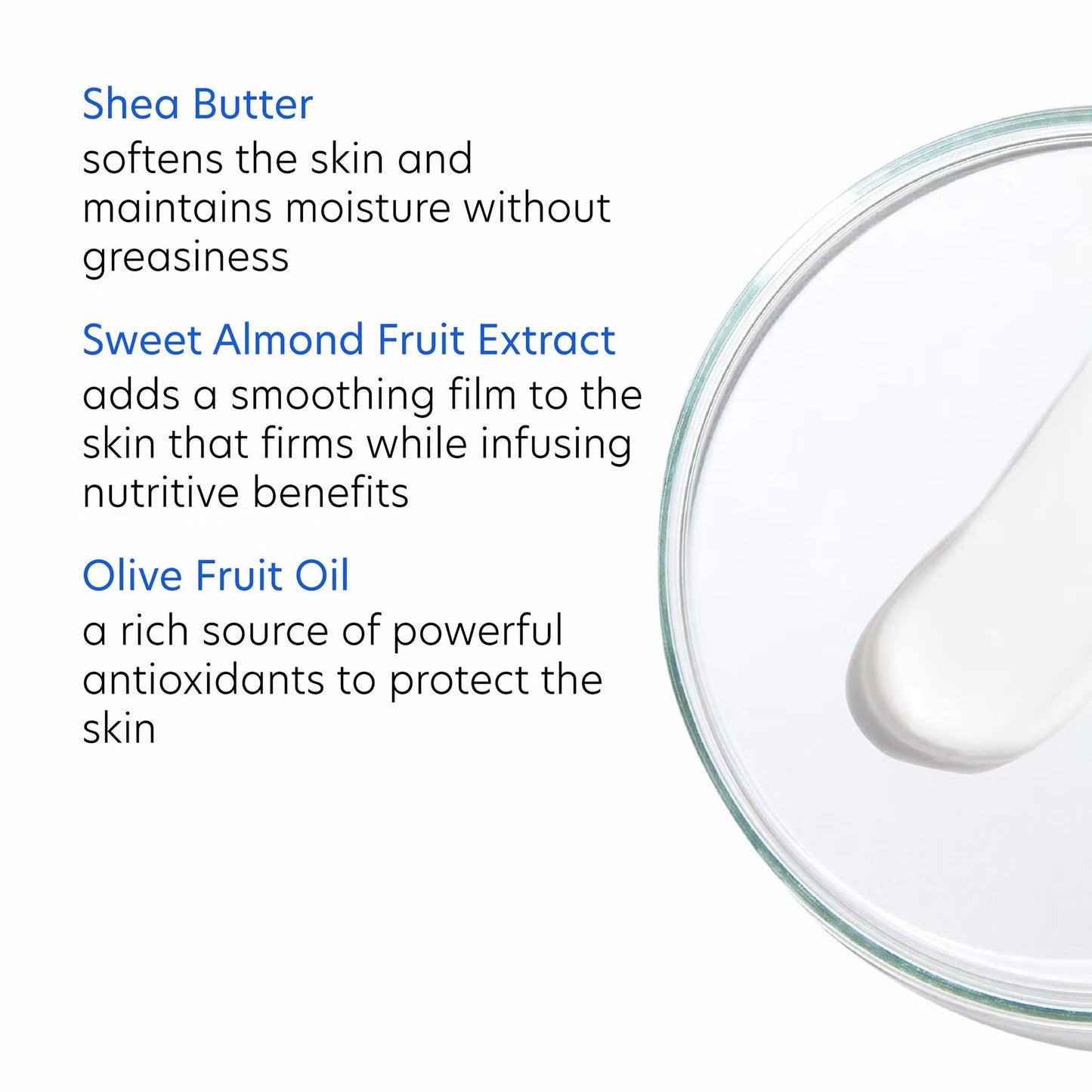 Glass container with a droplet of clear liquid on a white background, featuring text about skincare ingredients.