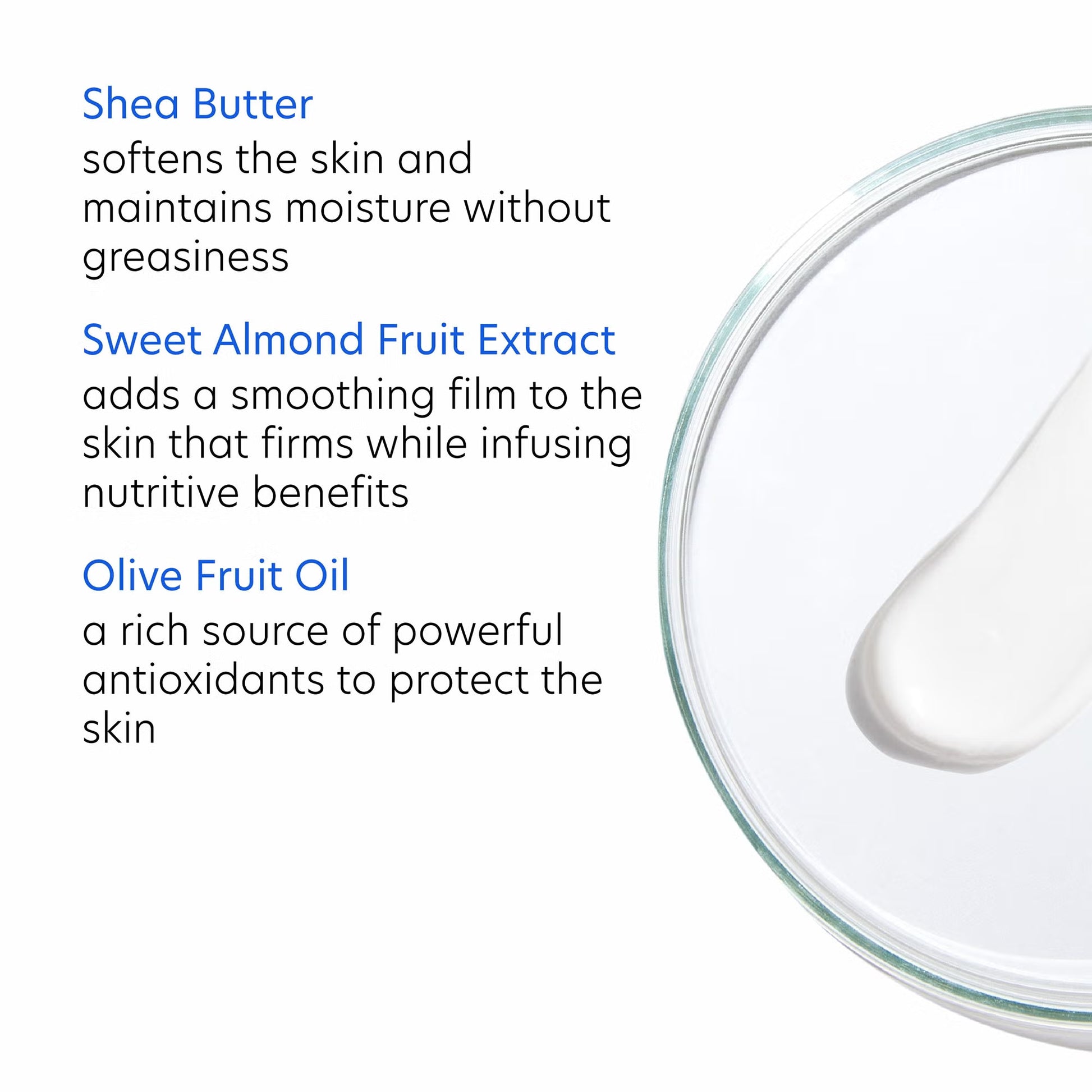 Glass container with a droplet of clear liquid on a white background, featuring text about skincare ingredients.