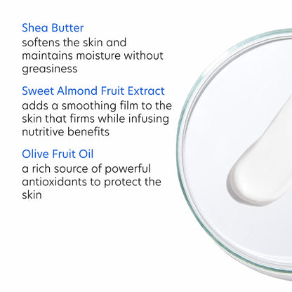 Glass container with a droplet of clear liquid on a white background, featuring text about skincare ingredients.