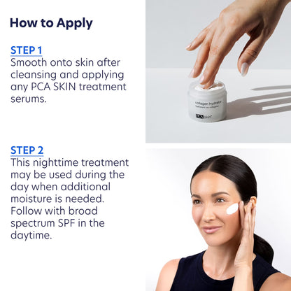 PCA SKIN treatment cream with application instructions and a woman applying it to her face.