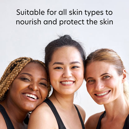 Three women with healthy skin smiling, with text 'Suitable for all skin types to nourish and protect the skin'.