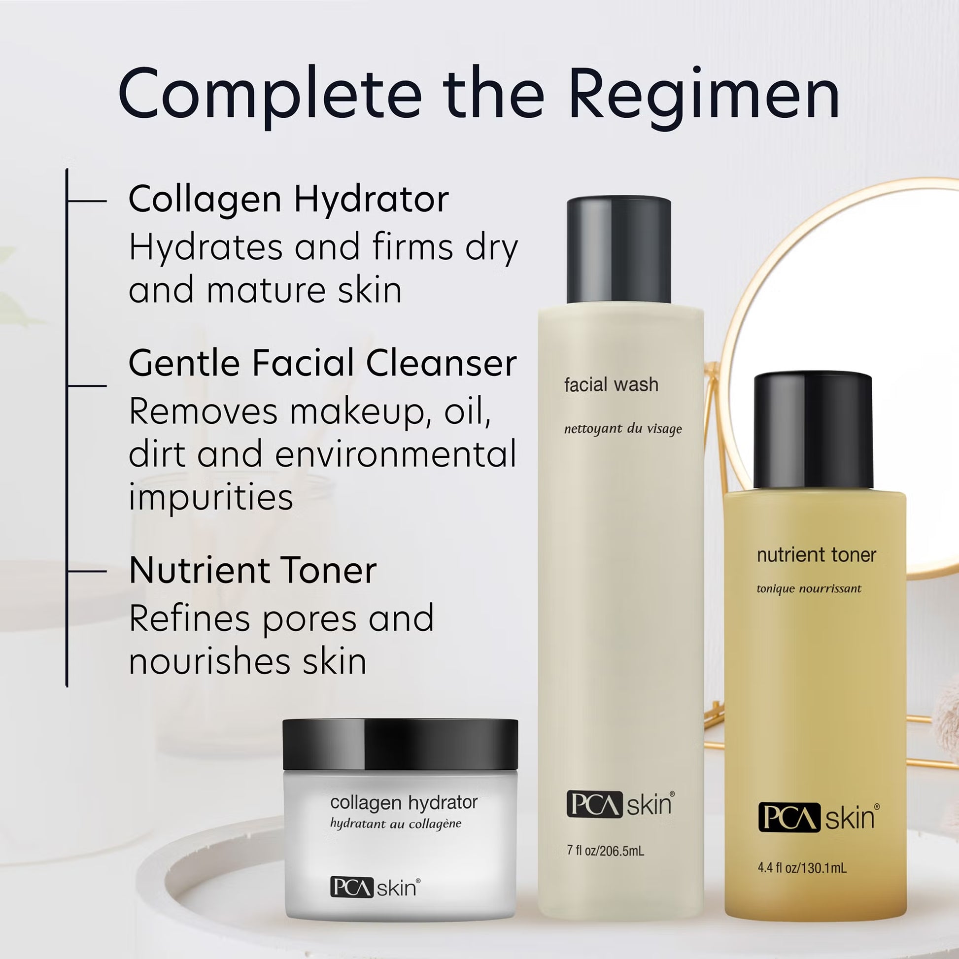PCA Skin skincare products with text describing their functions on a light background
