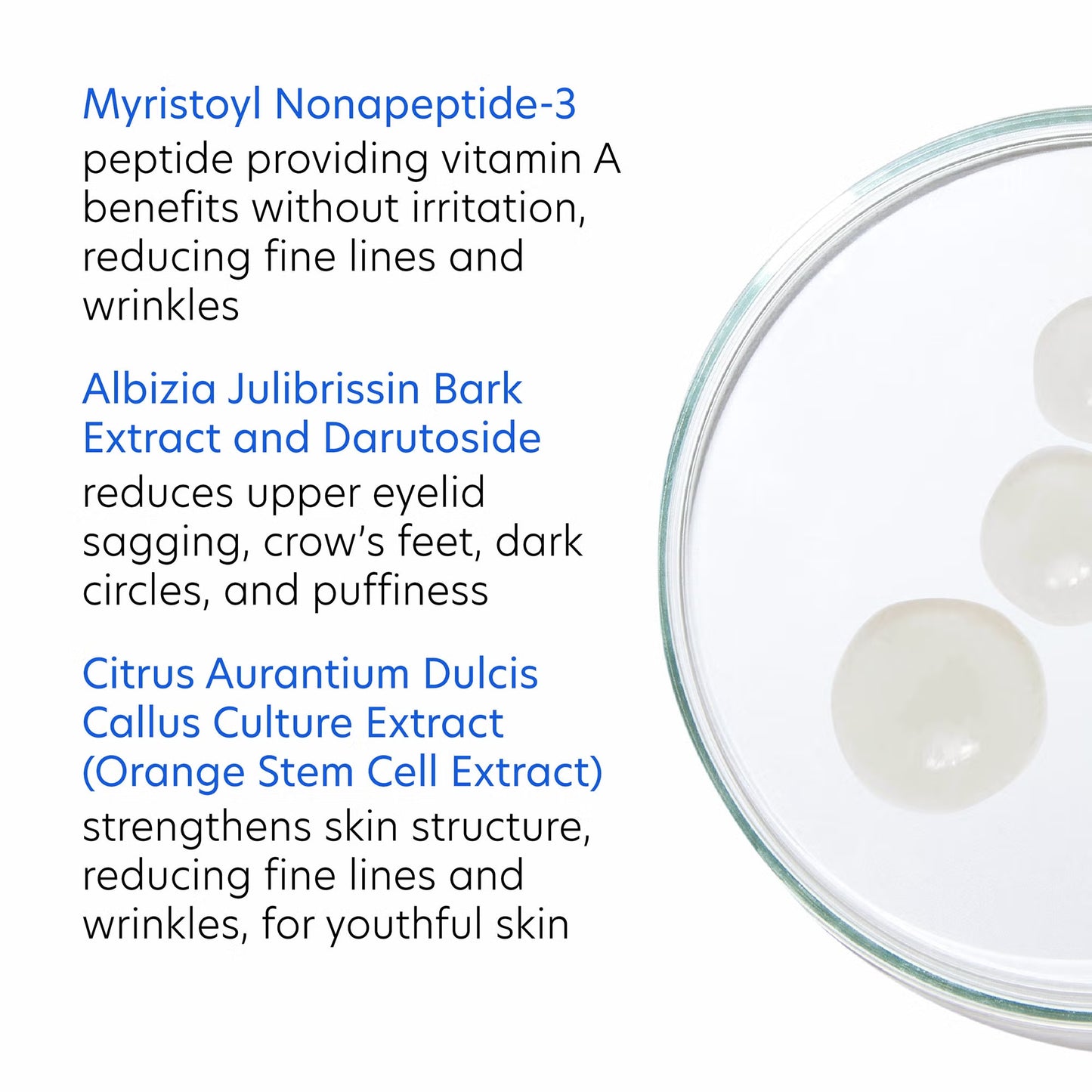 Glass bowl with white pebbles on a light gray background, featuring text about skincare ingredients.