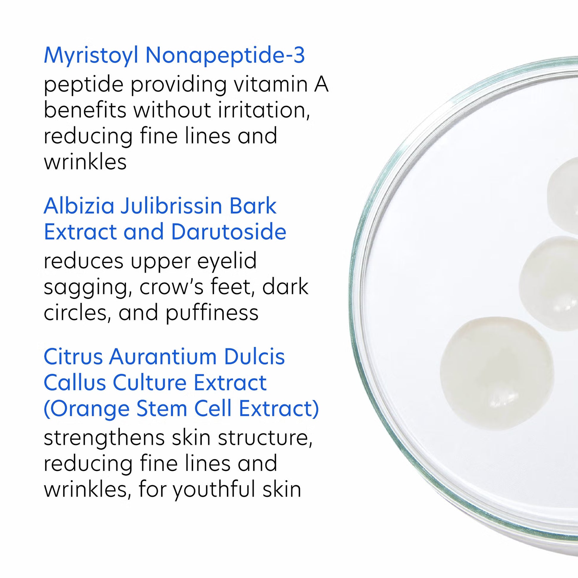Glass bowl with white pebbles on a light gray background, featuring text about skincare ingredients.