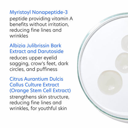 Glass bowl with white pebbles on a light gray background, featuring text about skincare ingredients.