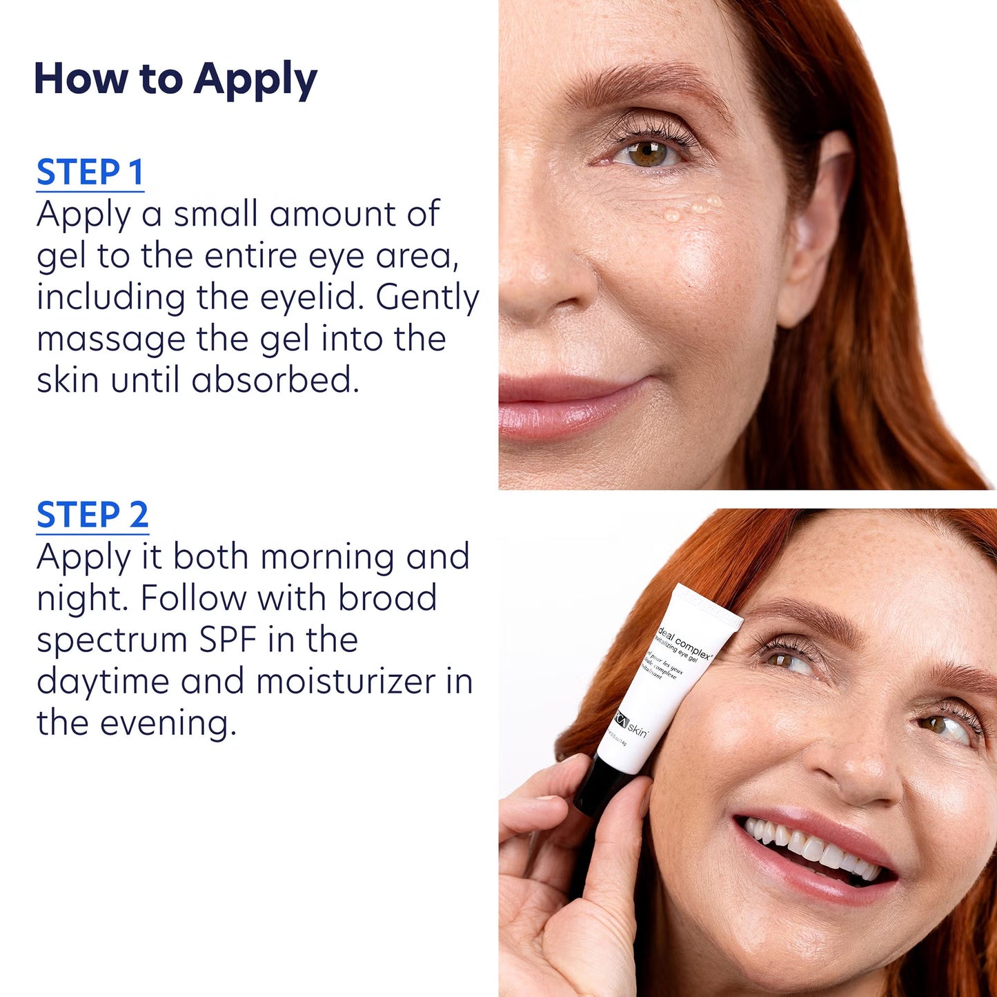 Instructions on how to apply a skincare product with close-up images of a woman's face.